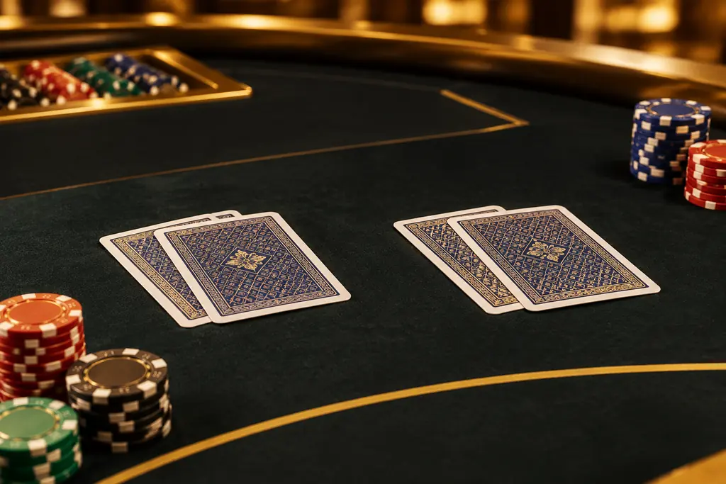 Dua kelompok kartu tertutup dan cip di meja baccarat