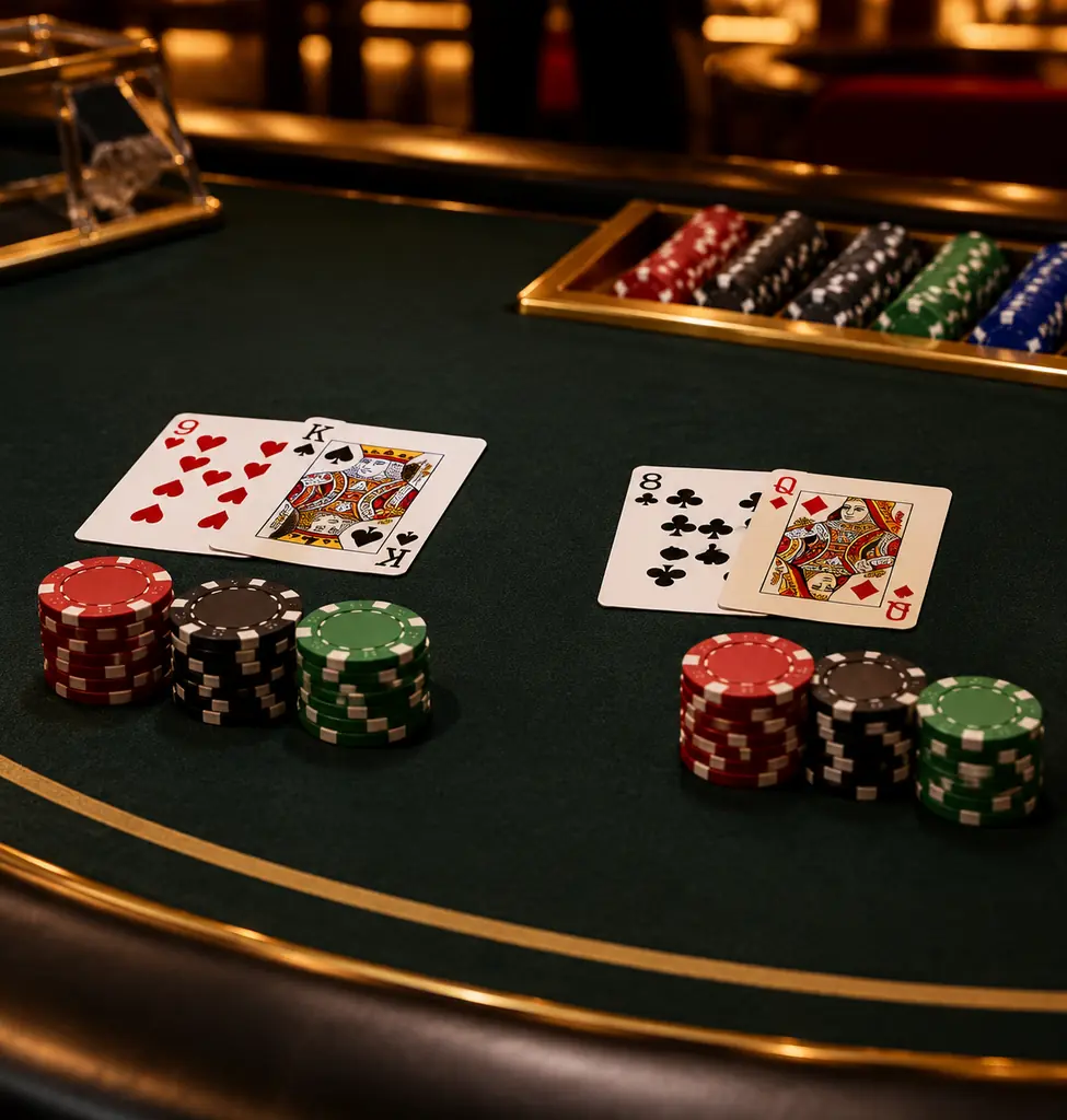 Meja baccarat dengan dua kelompok kartu dan tumpukan cip