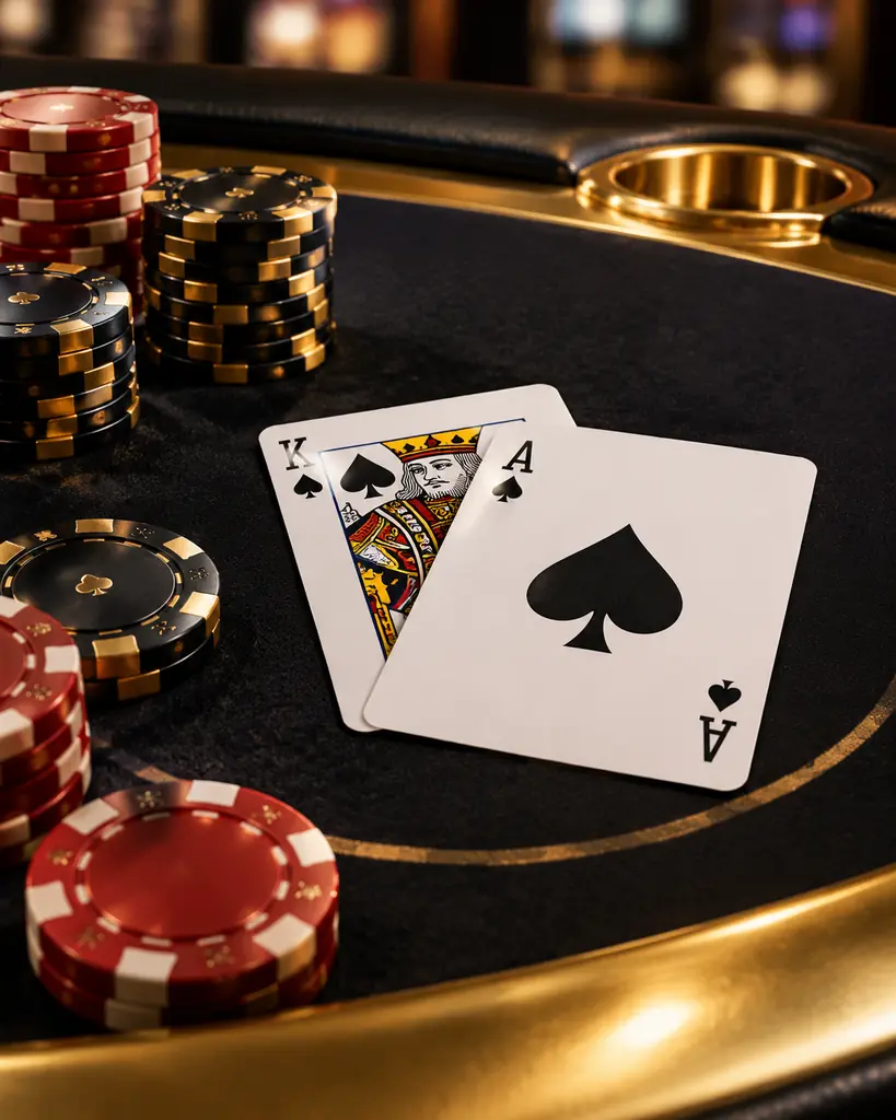 Kartu as dan kartu bergambar di meja blackjack dengan cip