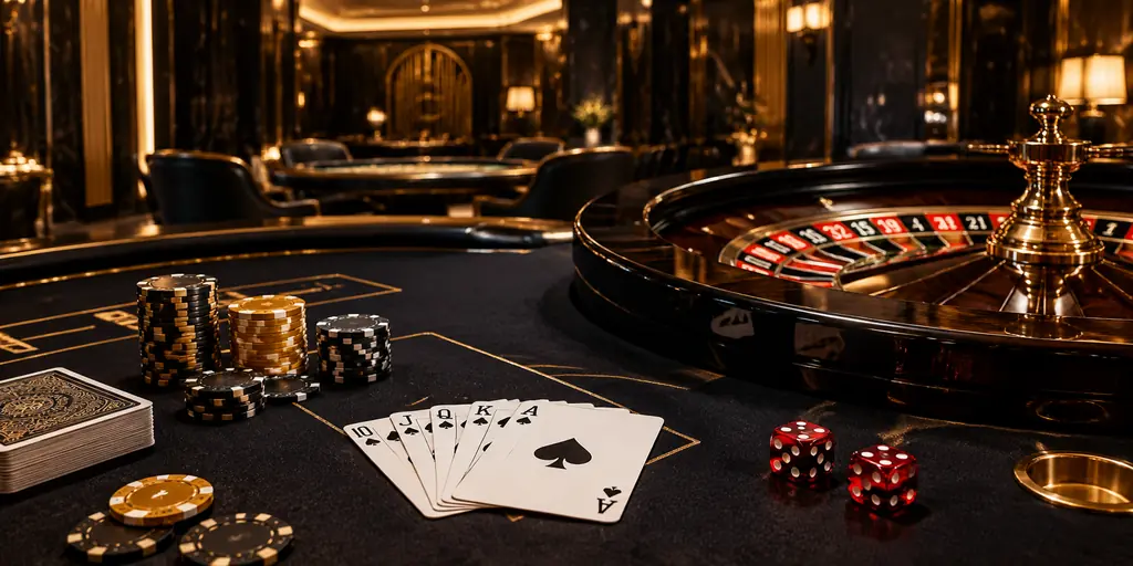 Meja casino dengan kartu, cip, dan roda roulette dalam cahaya hangat
