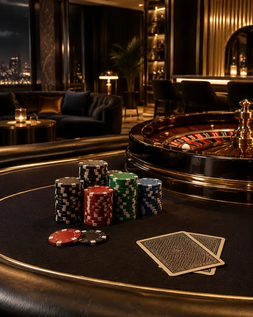 Sudut ruang casino berwarna hitam dan emas dengan meja permainan dan kursi