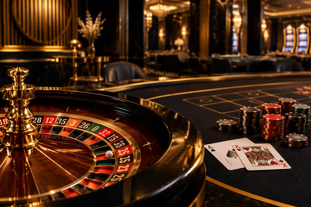 Ilustrasi ruang casino dengan meja kartu dan roda roulette