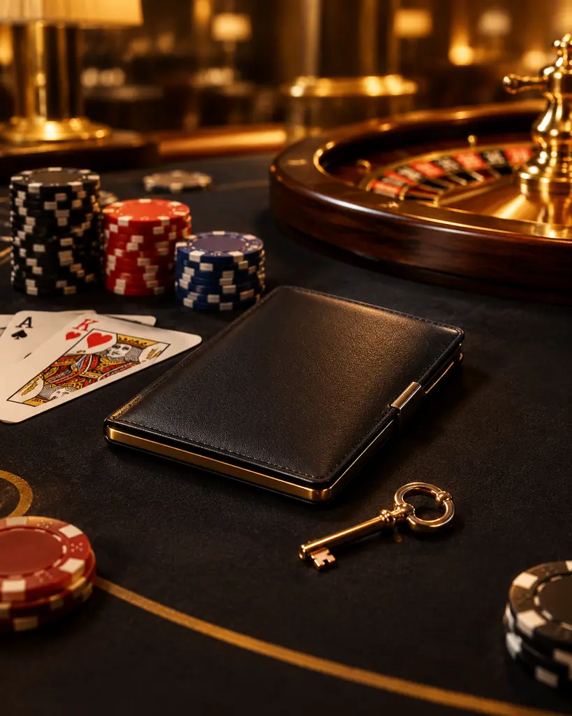Kunci logam di samping cip dan kartu pada meja casino