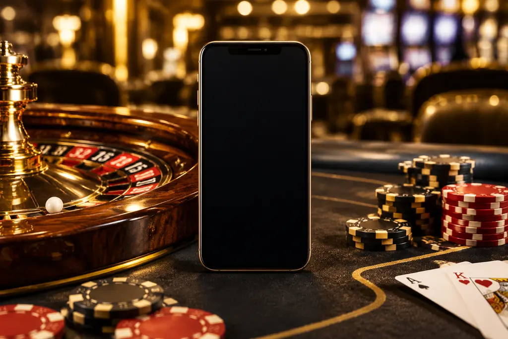 Ponsel dengan layar polos di samping roda roulette dan cip casino