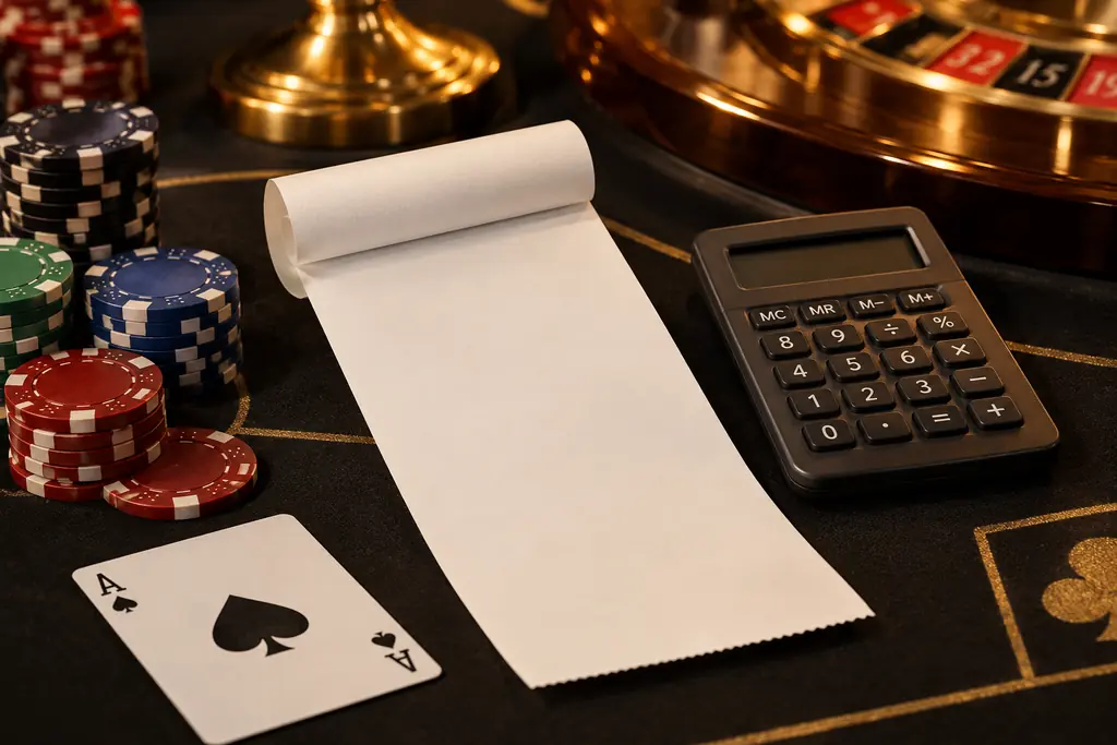 Struk kosong dan kalkulator di samping cip casino