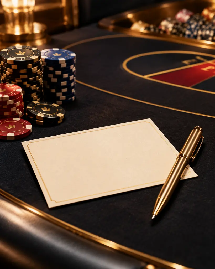 Kartu kosong dan pena di samping tumpukan cip casino