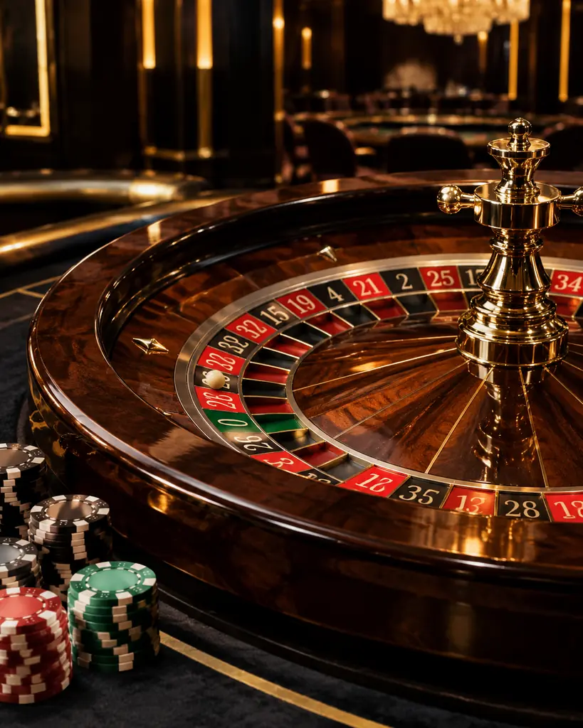 Roda roulette kayu dan cip di meja casino