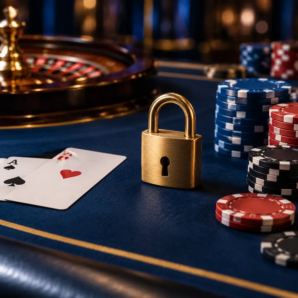 Gembok logam, kartu, dan cip di atas meja casino