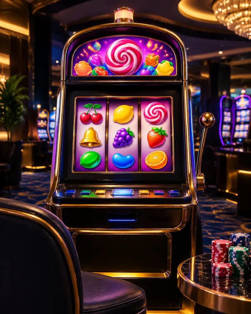 Mesin slot bertema permen dengan cip di ruang casino