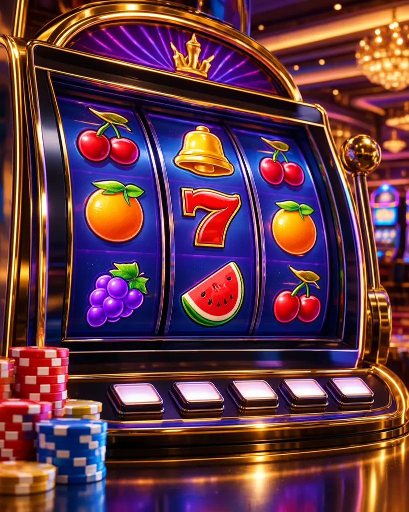 Detail tombol dan layar bertema buah pada mesin slot casino