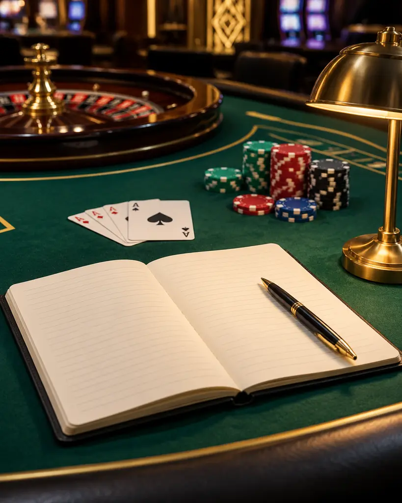 Buku catatan kosong dan cip pada sisi meja casino